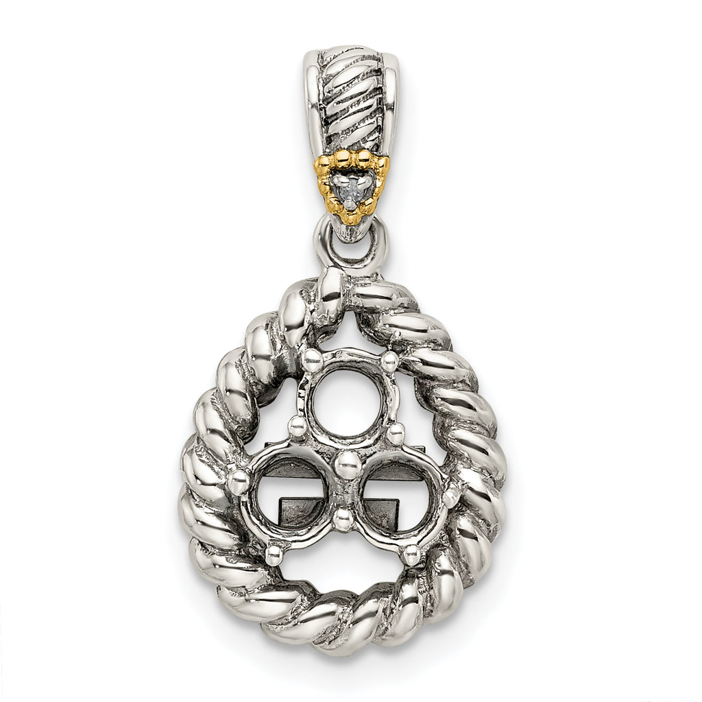 Sterling Silver Antiqued w/14k 3-stone w/Diamond Mother's Pendant