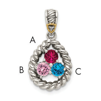 Sterling Silver Antiqued w/14k 3-stone w/Diamond Mother's Pendant