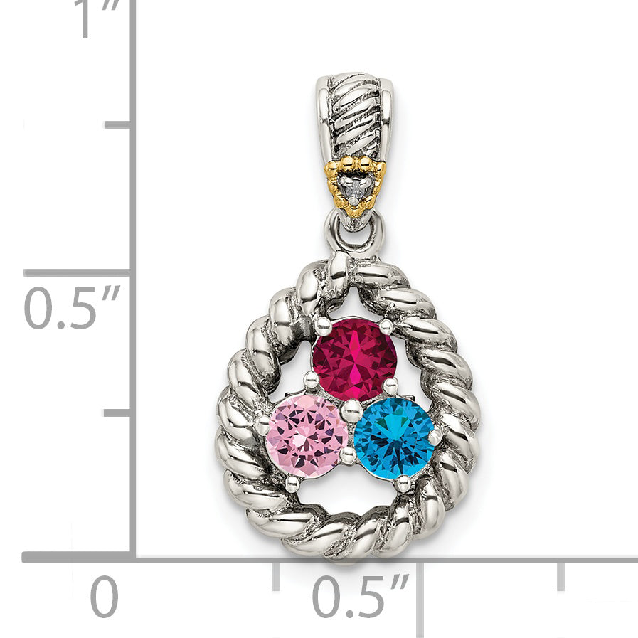 Sterling Silver Antiqued w/14k 3-stone w/Diamond Mother's Pendant