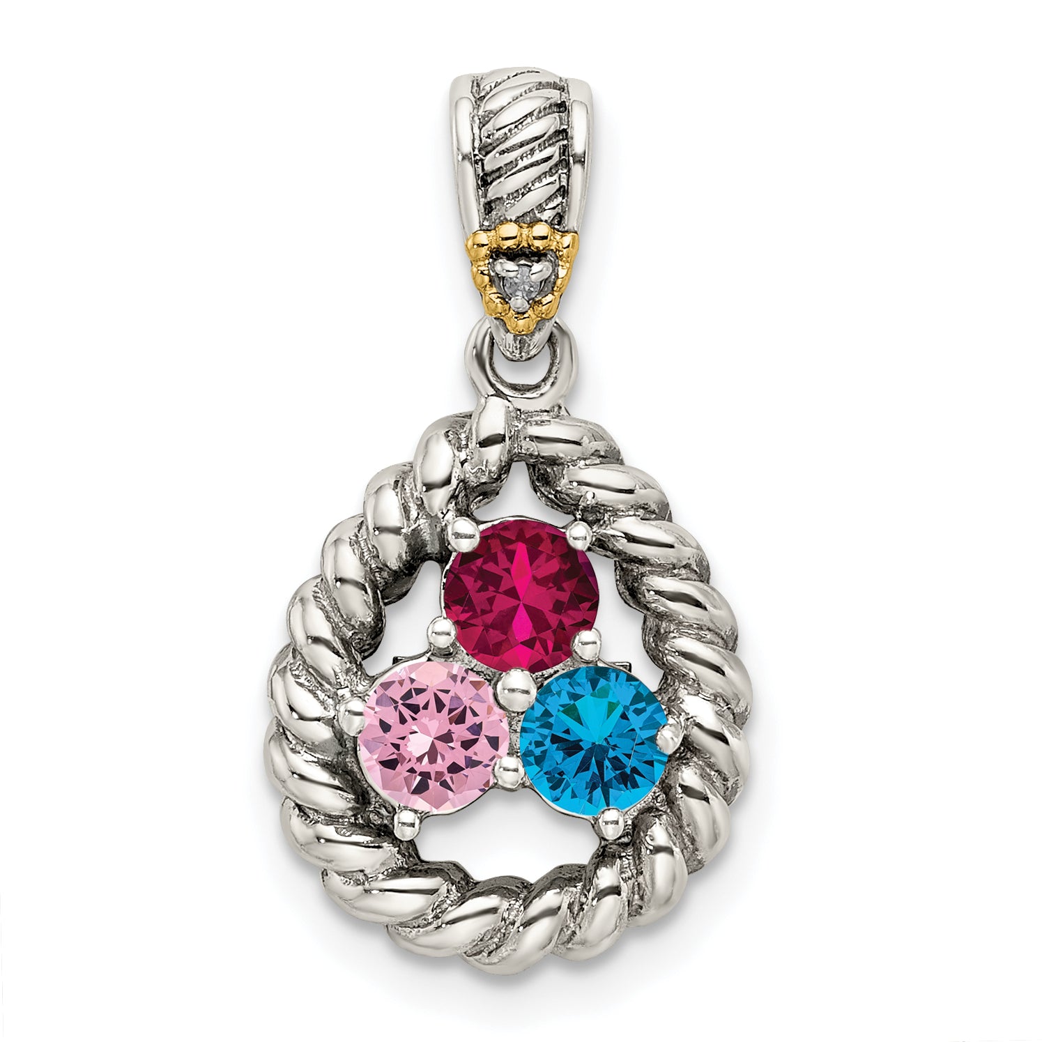 Sterling Silver Antiqued w/14k 3-stone w/Diamond Mother's Pendant