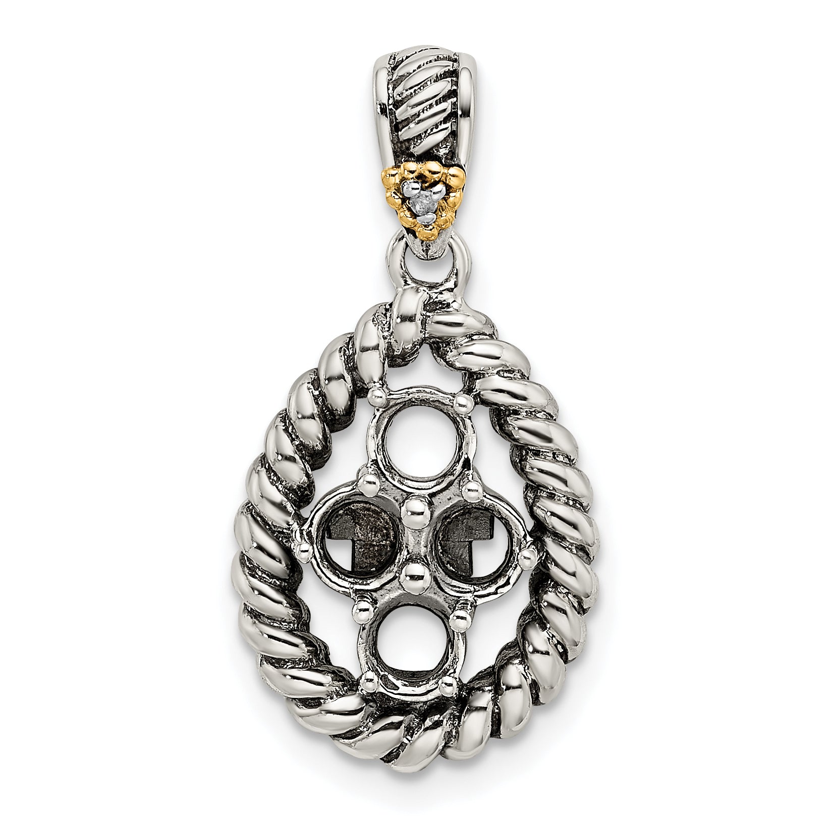 Sterling Silver Antiqued w/14k 4-stone w/Diamond Mother's Pendant