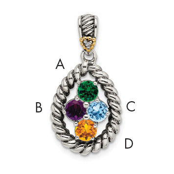 Sterling Silver Antiqued w/14k 4-stone w/Diamond Mother's Pendant