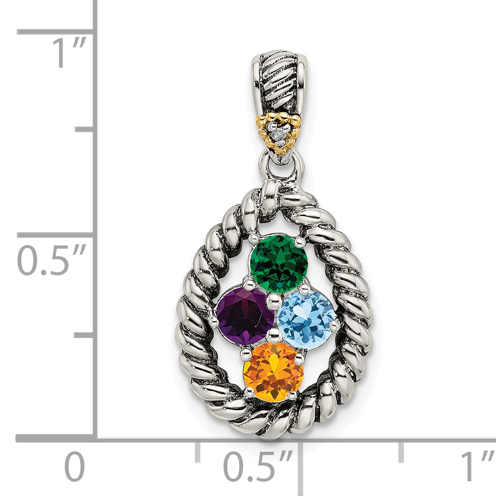 Sterling Silver Antiqued w/14k 4-stone w/Diamond Mother's Pendant