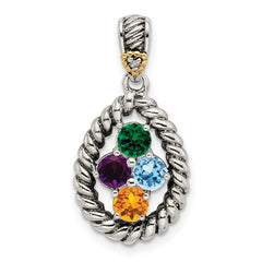 Sterling Silver Antiqued w/14k 4-stone w/Diamond Mother's Pendant
