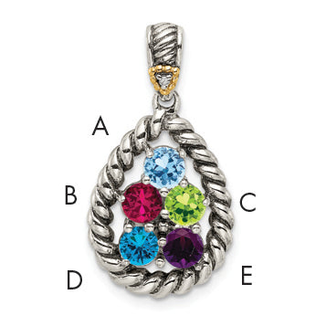 Sterling Silver Antiqued w/14k 5-stone w/Diamond Mother's Pendant