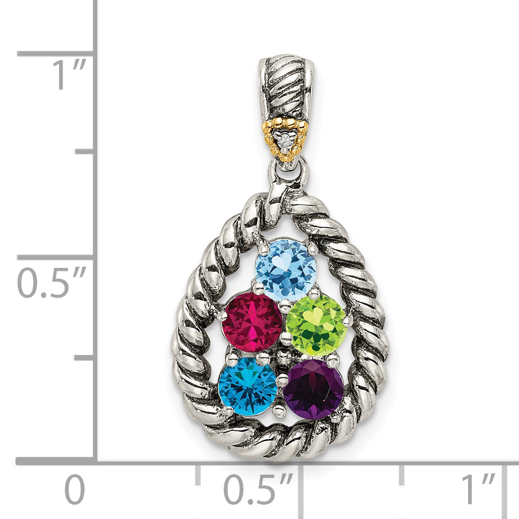 Sterling Silver Antiqued w/14k 5-stone w/Diamond Mother's Pendant