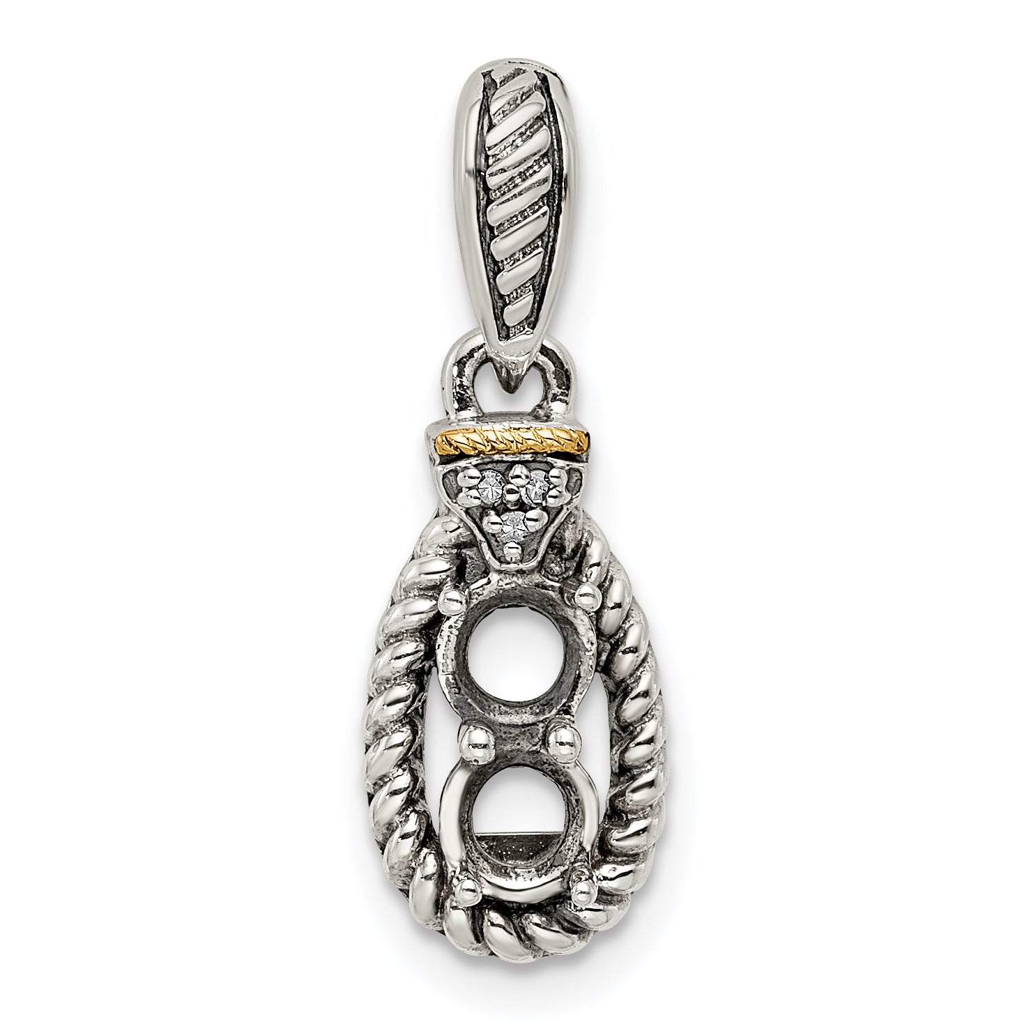 Sterling Silver Antiqued w/14k 2-stone w/Diamond Mothers Pendant Semi-Mount