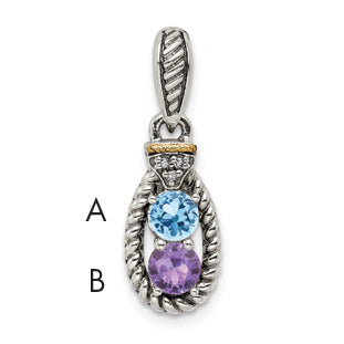 Sterling Silver Antiqued w/14k 2-stone w/Diamond Mothers Pendant Semi-Mount