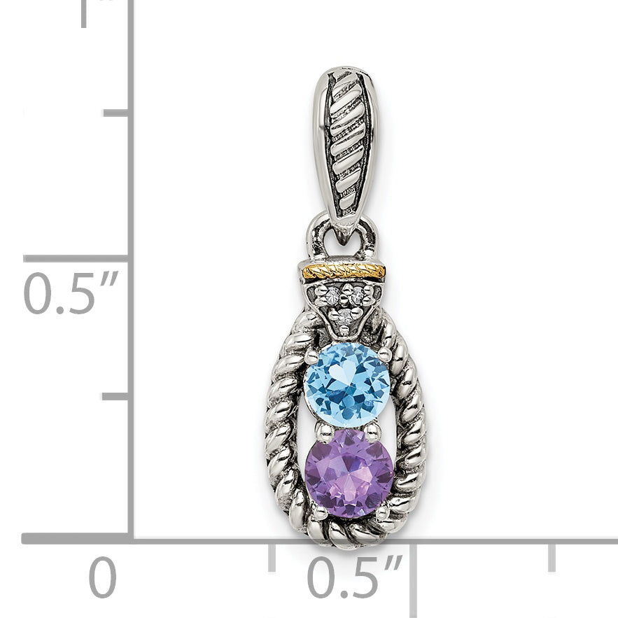 Sterling Silver Antiqued w/14k 2-stone w/Diamond Mother's Pendant