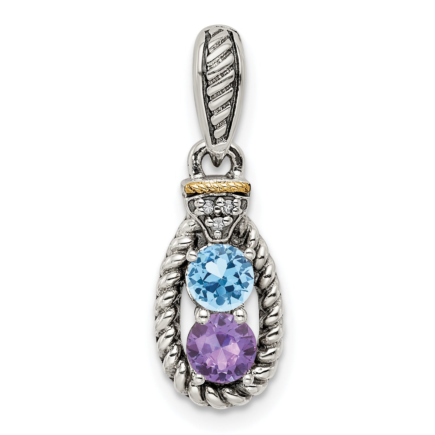 Sterling Silver Antiqued w/14k 2-stone w/Diamond Mothers Pendant Semi-Mount