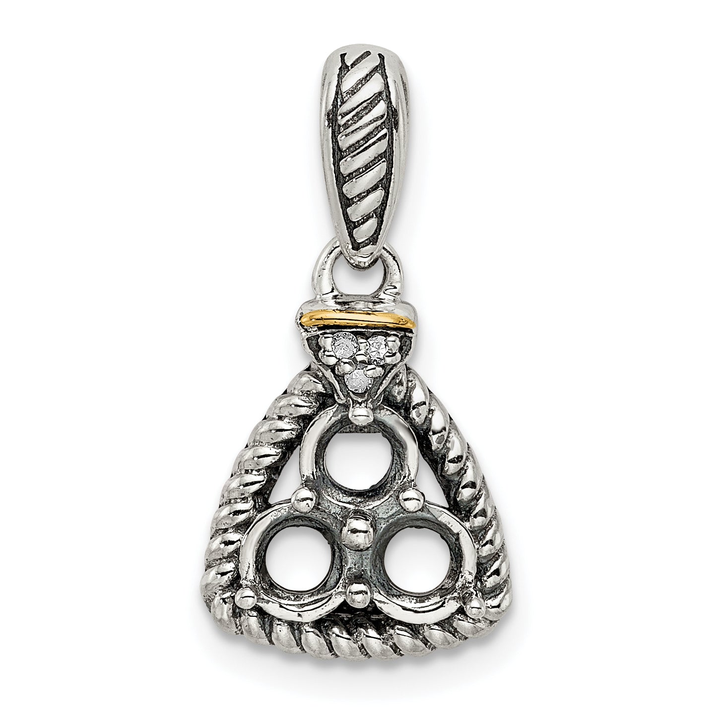 Sterling Silver Antiqued w/14k 3-stone w/Diamond Mothers Pendant Semi-Mount