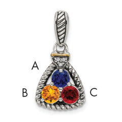 Sterling Silver Antiqued w/14k 3-stone w/Diamond Mother's Pendant