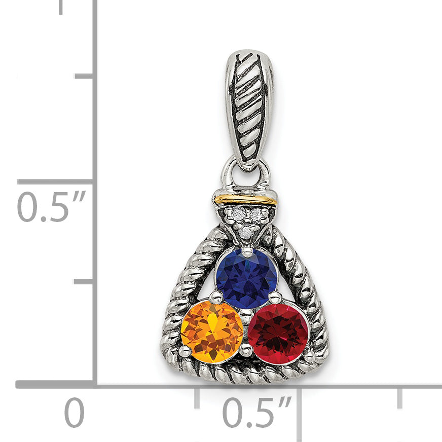 Sterling Silver Antiqued w/14k 3-stone w/Diamond Mother's Pendant