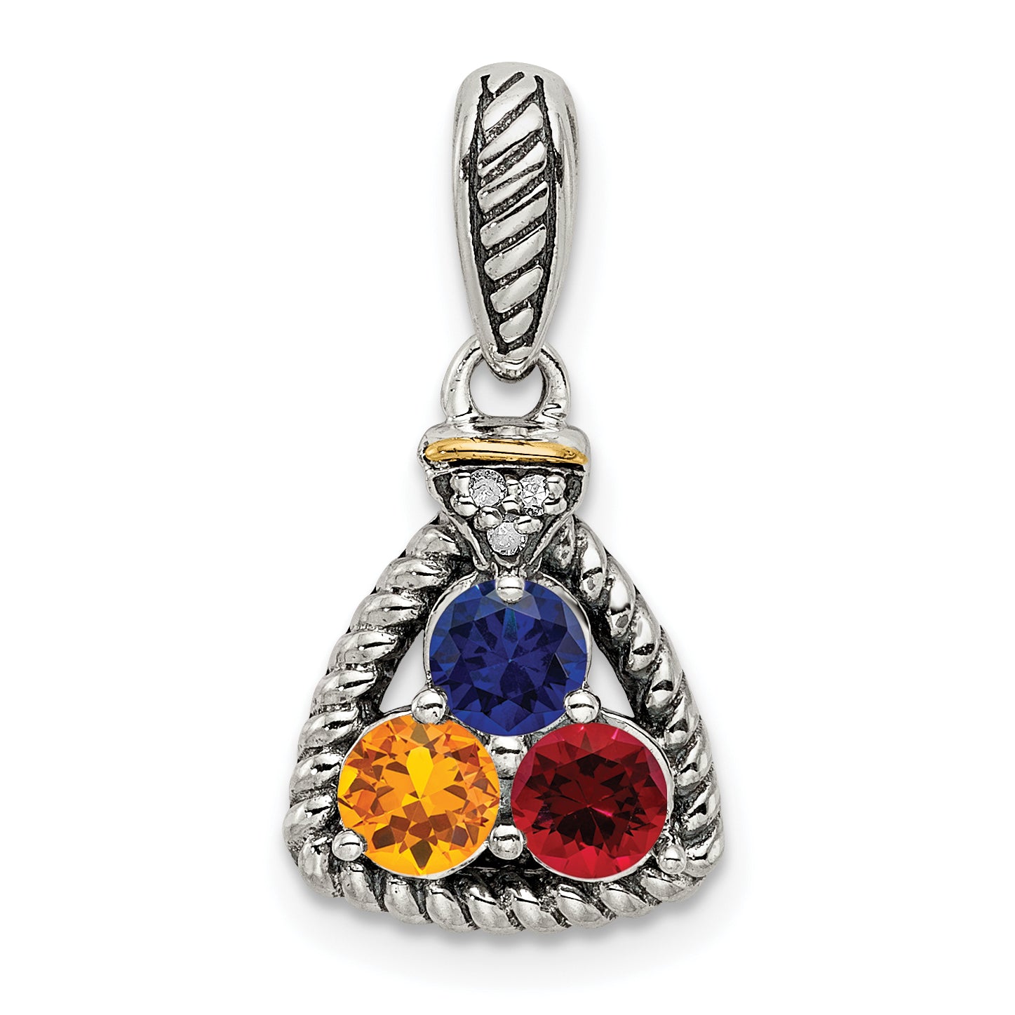 Sterling Silver Antiqued w/14k 3-stone w/Diamond Mothers Pendant Semi-Mount Secondary image