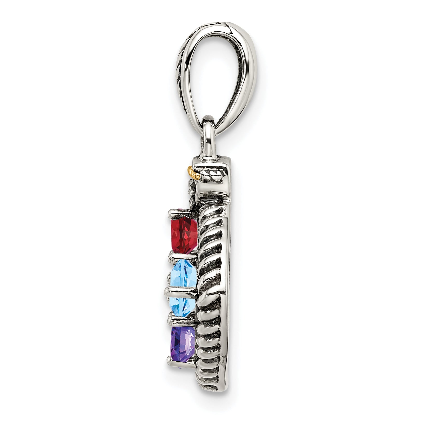 Sterling Silver Antiqued w/14k 4-stone w/Diamond Mother's Pendant