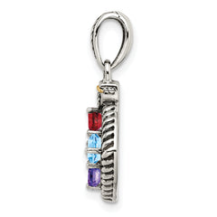 Sterling Silver Antiqued w/14k 4-stone w/Diamond Mother's Pendant