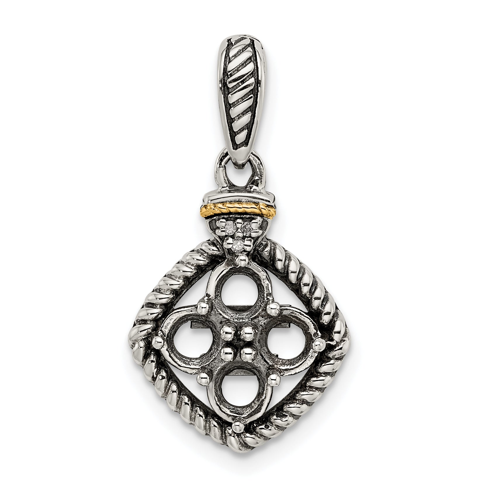 Sterling Silver Antiqued w/14k 4-stone w/Diamond Mothers Pendant Semi-Mount
