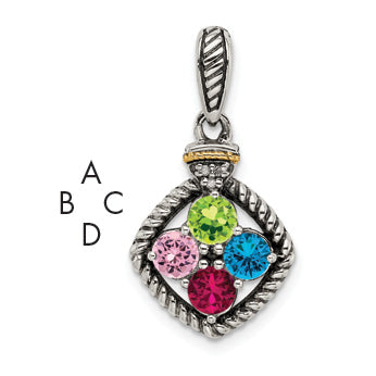 Sterling Silver Antiqued w/14k 4-stone w/Diamond Mother's Pendant