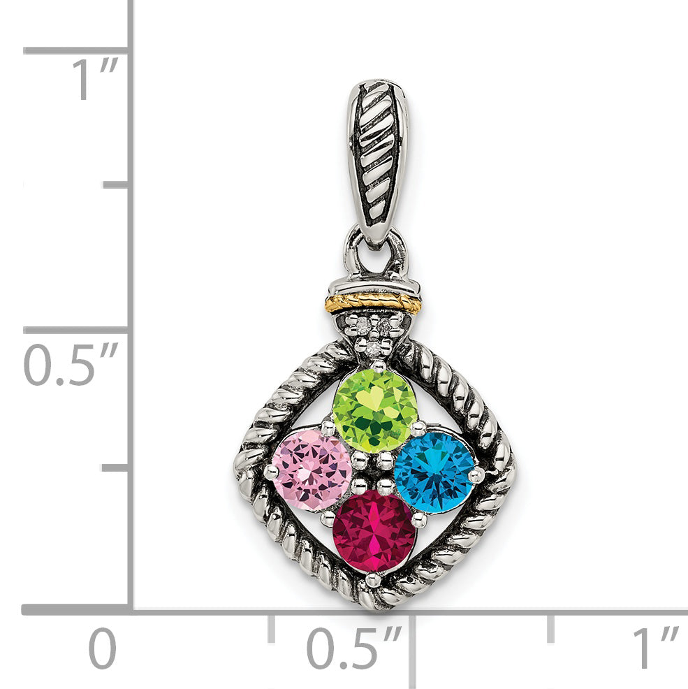 Sterling Silver Antiqued w/14k 4-stone w/Diamond Mother's Pendant