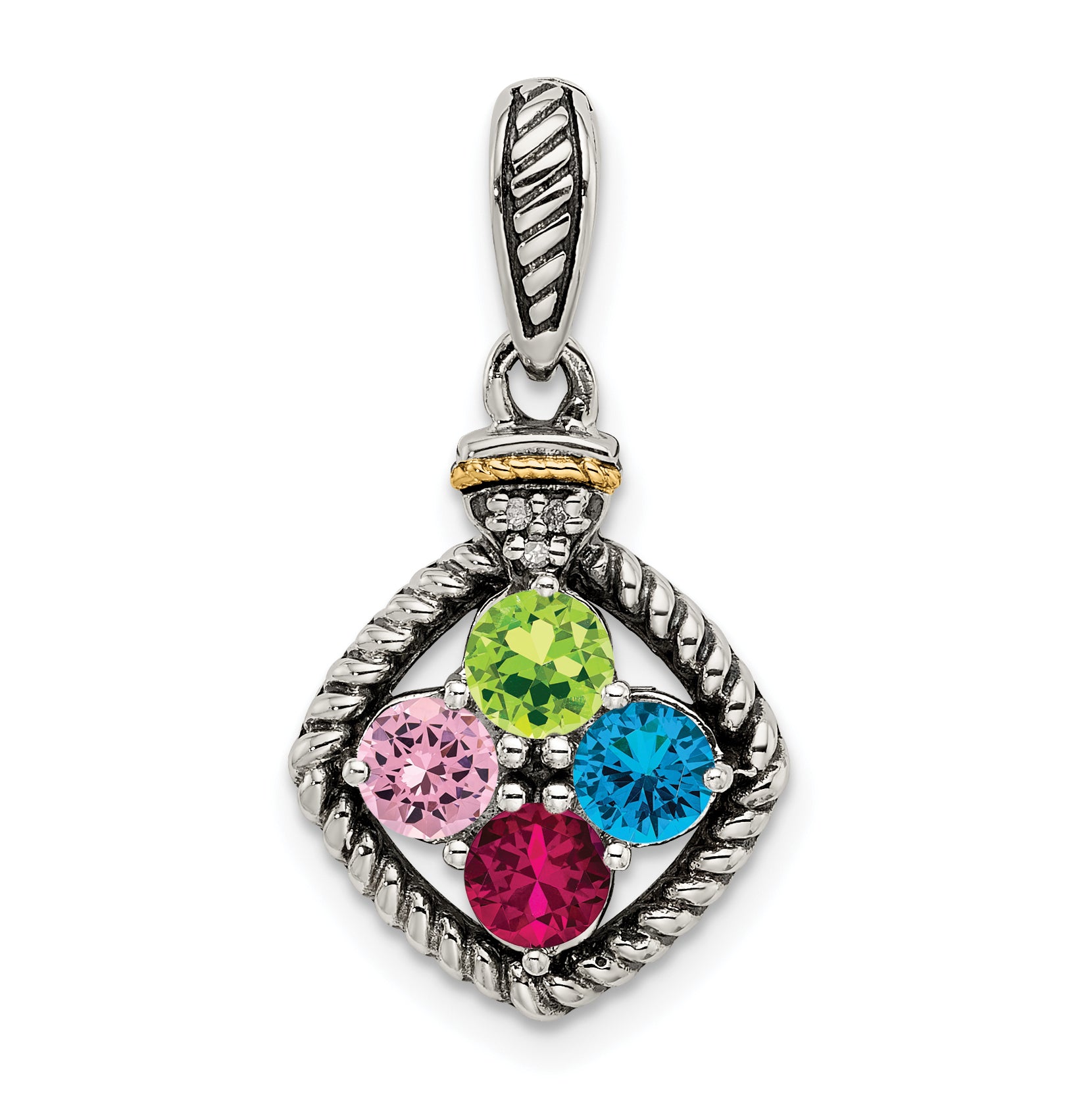 Sterling Silver Antiqued w/14k 4-stone w/Diamond Mother's Pendant