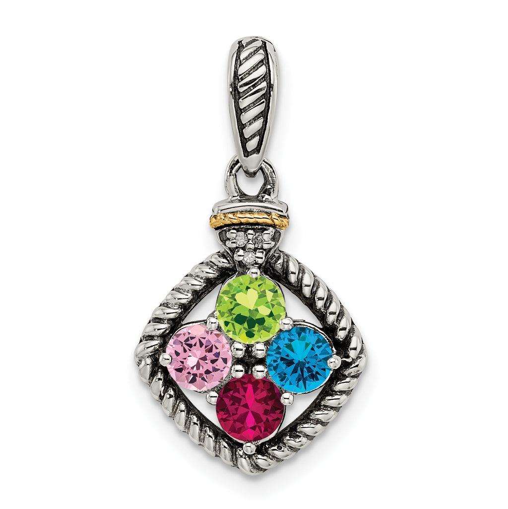 Sterling Silver Antiqued w/14k 4-stone w/Diamond Mother's Pendant
