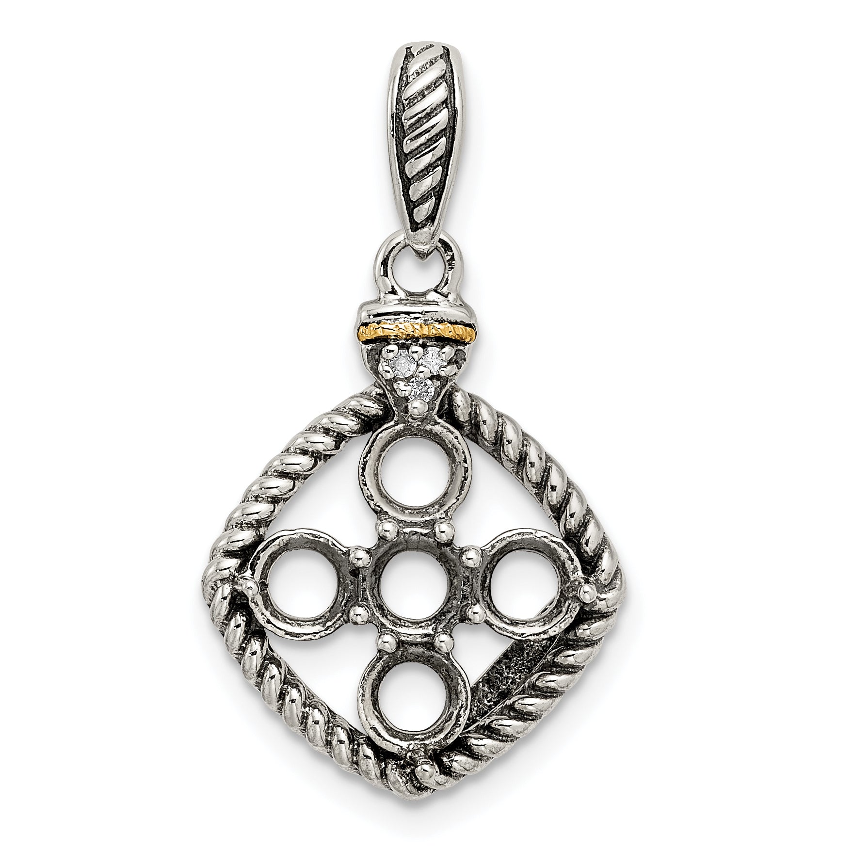Sterling Silver Antiqued w/14k 5-stone w/Diamond Mothers Pendant Semi-Mount