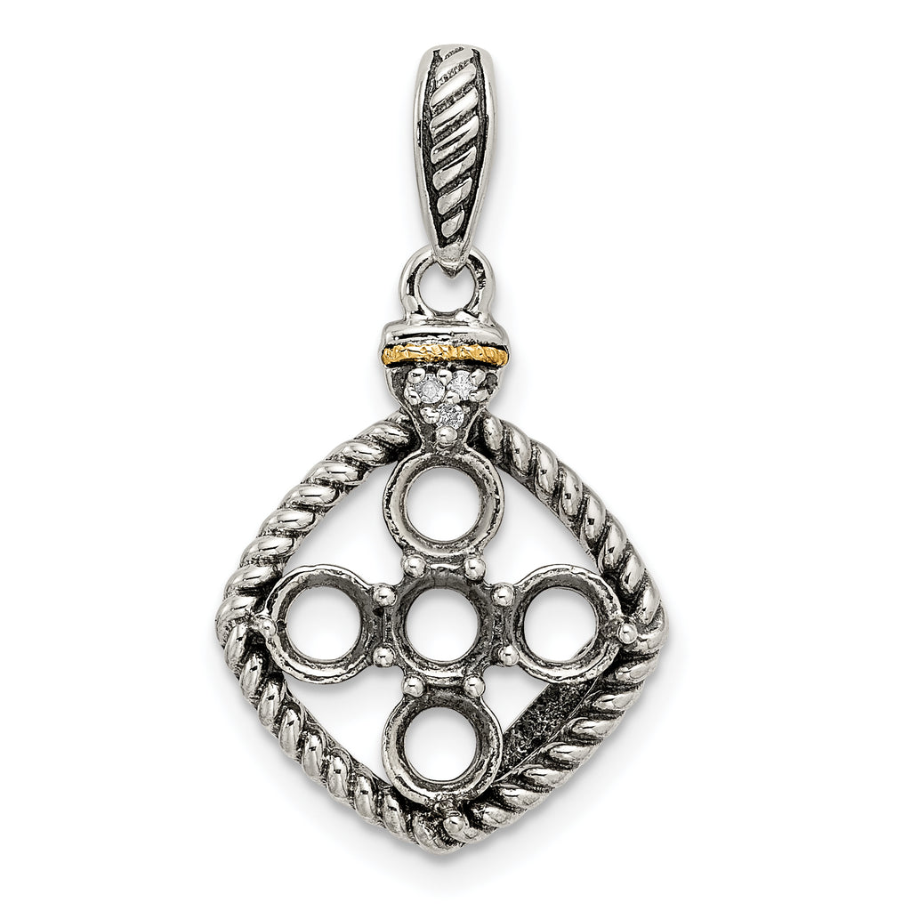 Sterling Silver Antiqued w/14k 5-stone w/Diamond Mothers Pendant Semi-Mount