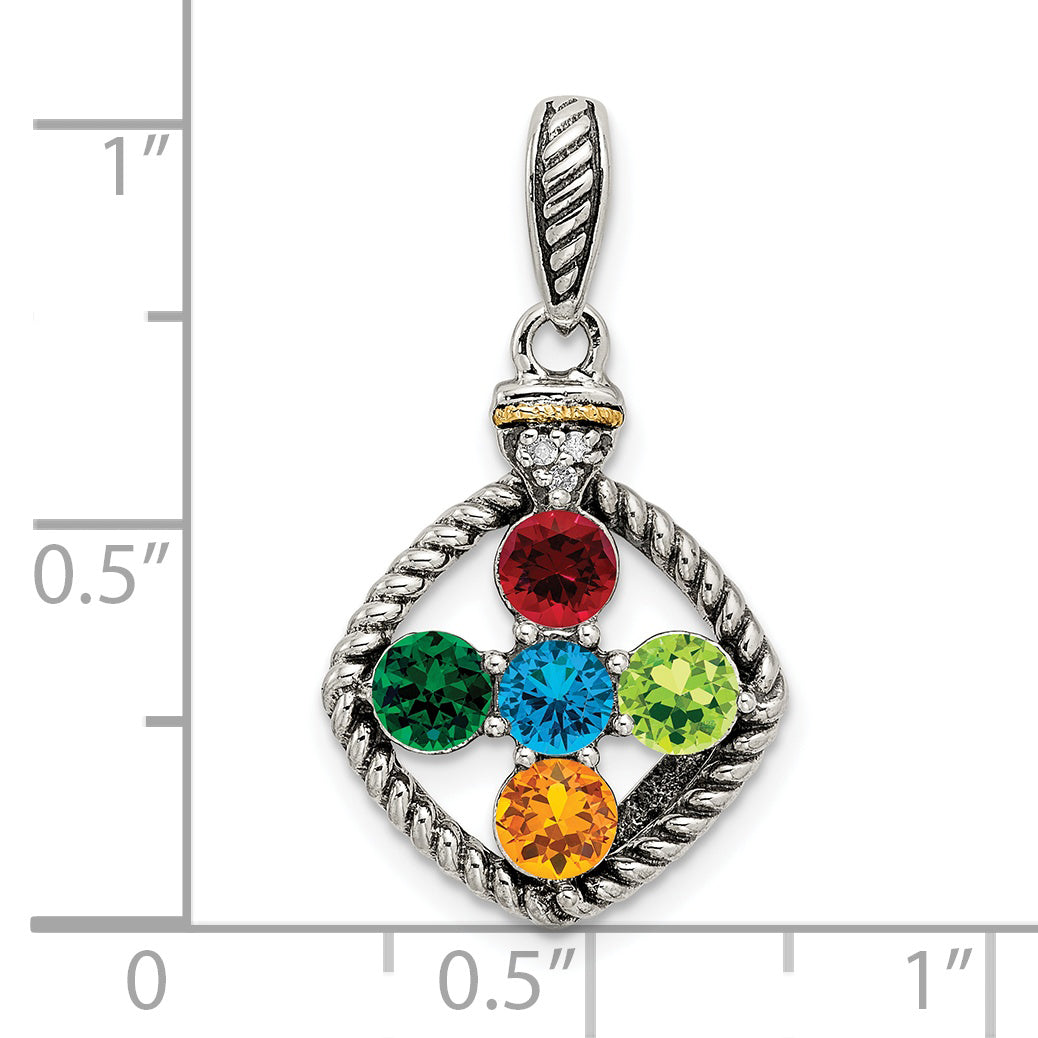 Sterling Silver Antiqued w/14k 5-stone w/Diamond Mothers Pendant Semi-Mount