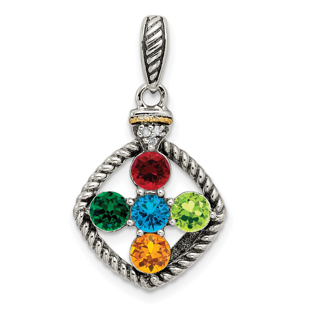Sterling Silver Antiqued w/14k 5-stone w/Diamond Mothers Pendant Semi-Mount