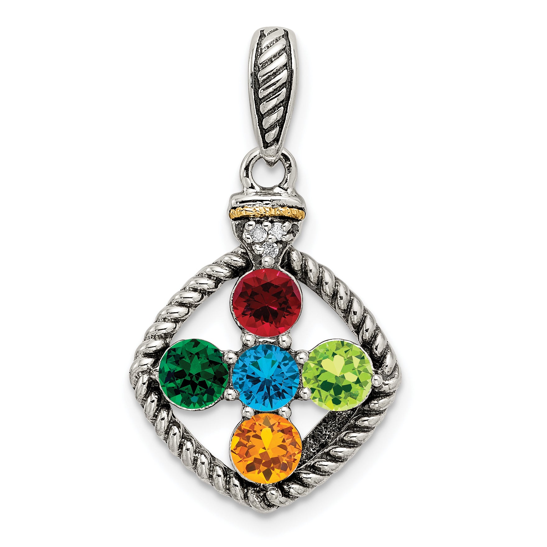 Sterling Silver Antiqued w/14k 5-stone w/Diamond Mothers Pendant Semi-Mount