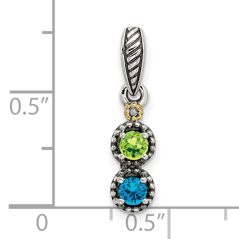Sterling Silver Antiqued w/14k 2-stone w/Diamond Mother's Pendant