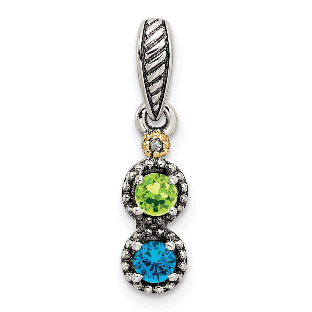 Sterling Silver Antiqued w/14k 2-stone w/Diamond Mother's Pendant