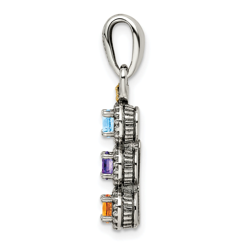 Sterling Silver Antiqued w/14k 3-stone w/Diamond Mother's Pendant