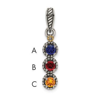 Sterling Silver Antiqued w/14k 3-stone w/Diamond Mother's Pendant