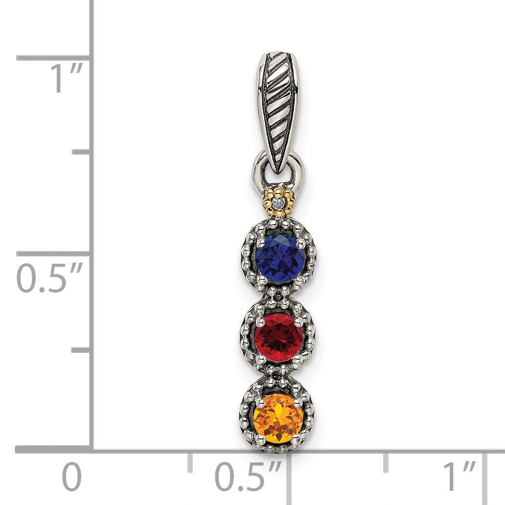 Sterling Silver Antiqued w/14k 3-stone w/Diamond Mother's Pendant