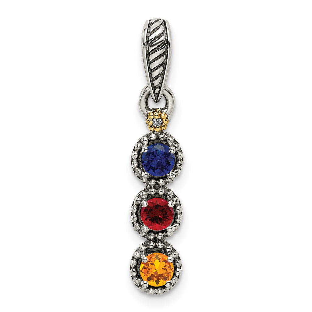 Sterling Silver Antiqued w/14k 3-stone w/Diamond Mother's Pendant