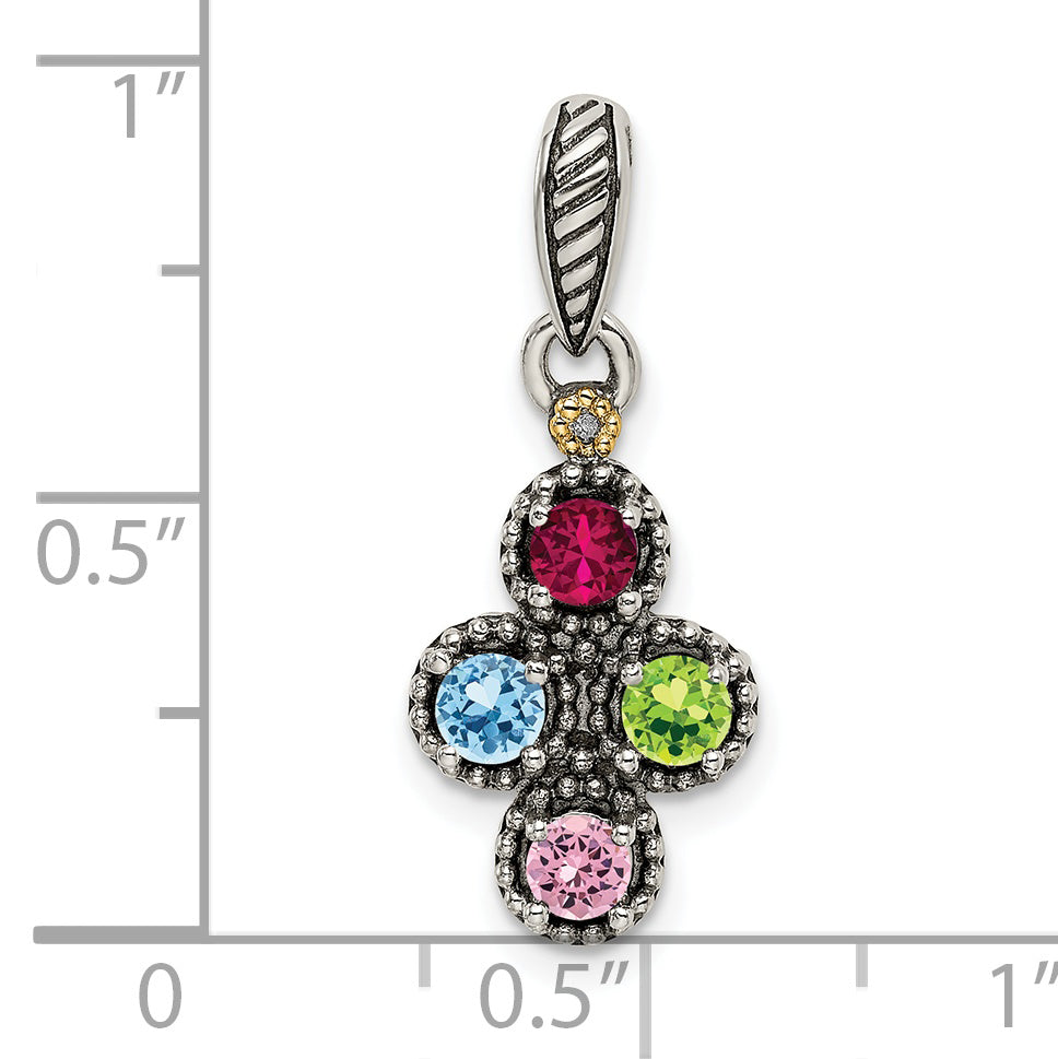 Sterling Silver Antiqued w/14k 4-stone w/Diamond Mother's Pendant