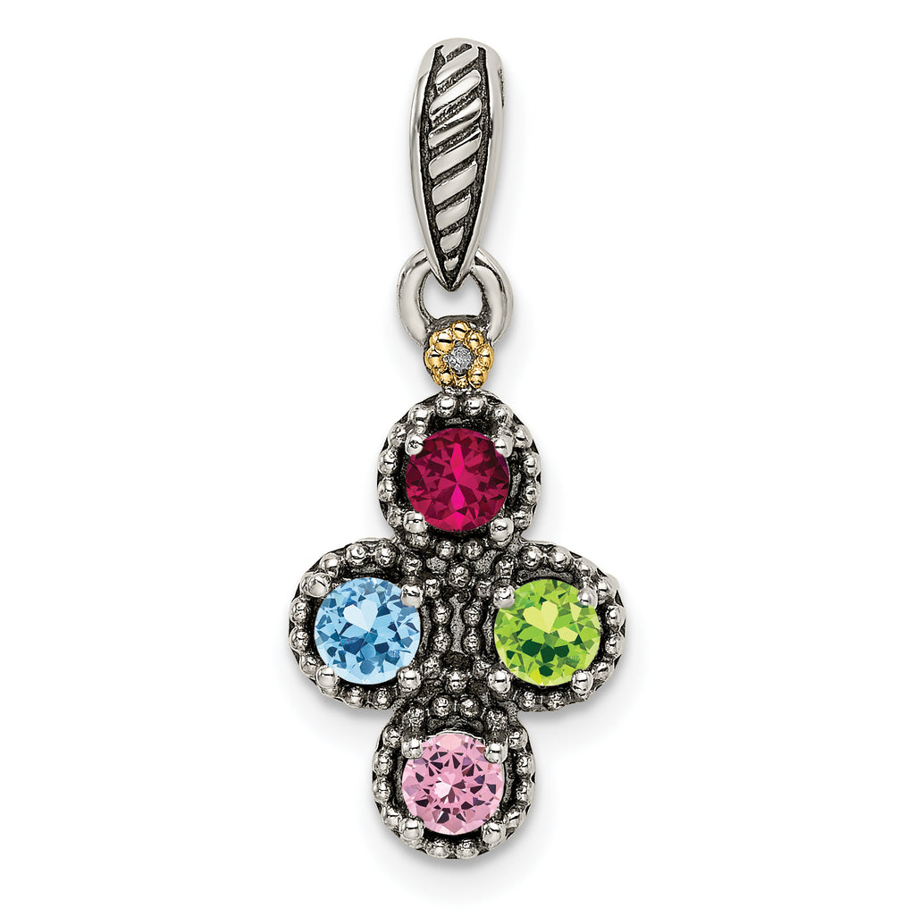 Sterling Silver Antiqued w/14k 4-stone w/Diamond Mother's Pendant