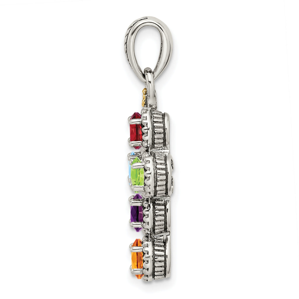 Sterling Silver Antiqued w/14k 5-stone w/Diamond Mother's Pendant