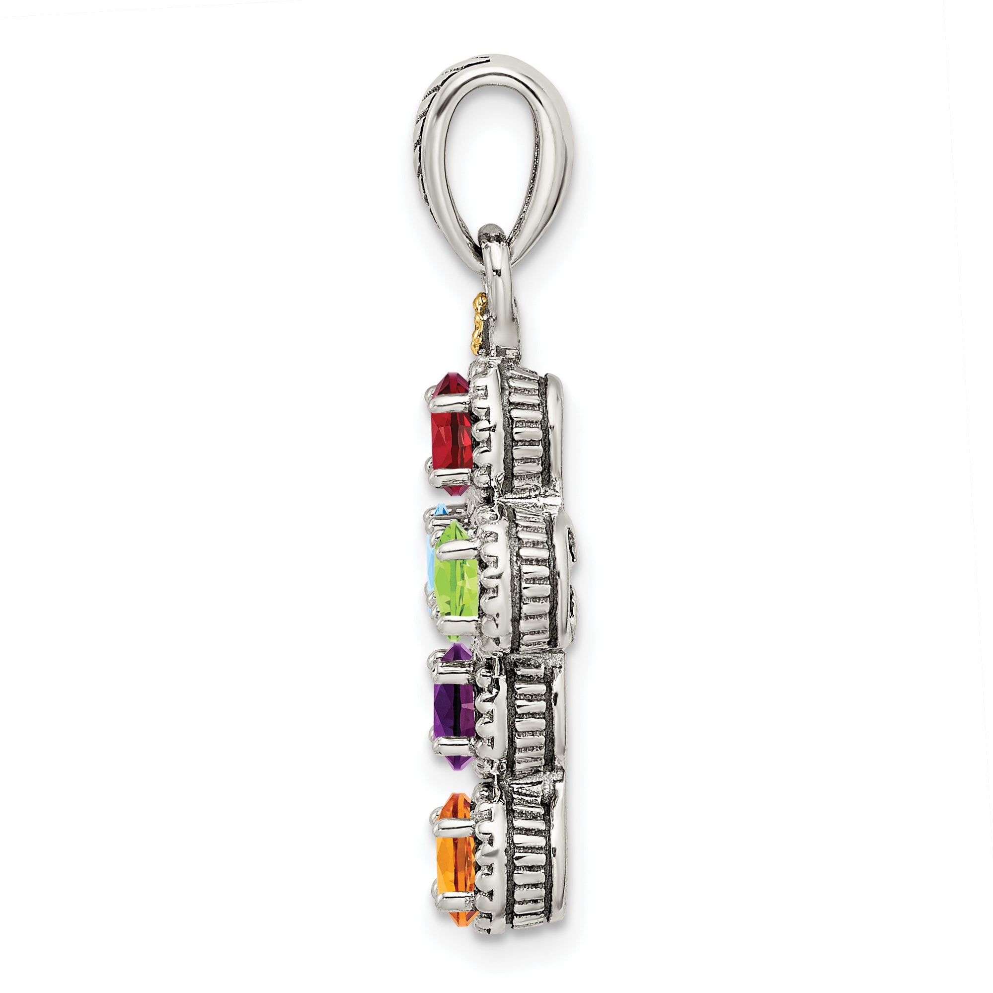 Sterling Silver Antiqued w/14k 5-stone w/Diamond Mother's Pendant