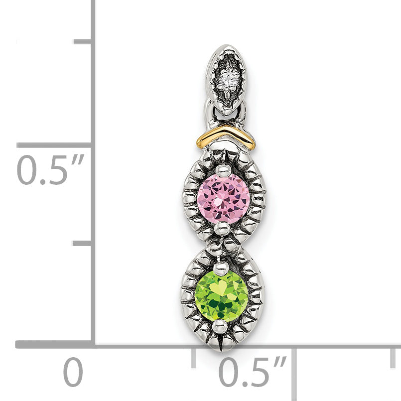 Sterling Silver Antiqued w/14k 2-stone w/Diamond Mother's Pendant