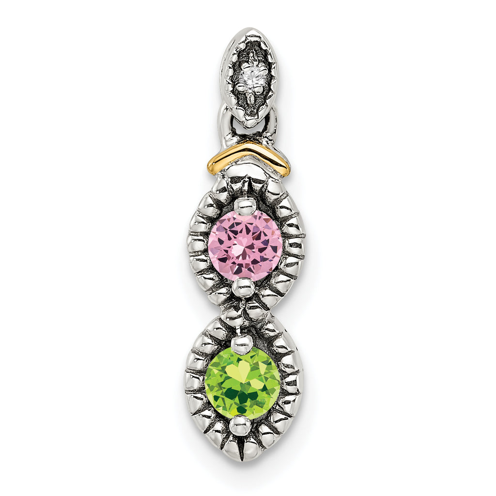 Sterling Silver Antiqued w/14k 2-stone w/Diamond Mother's Pendant