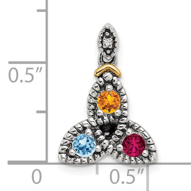 Sterling Silver Antiqued w/14k 3-stone w/Diamond Mother's Pendant