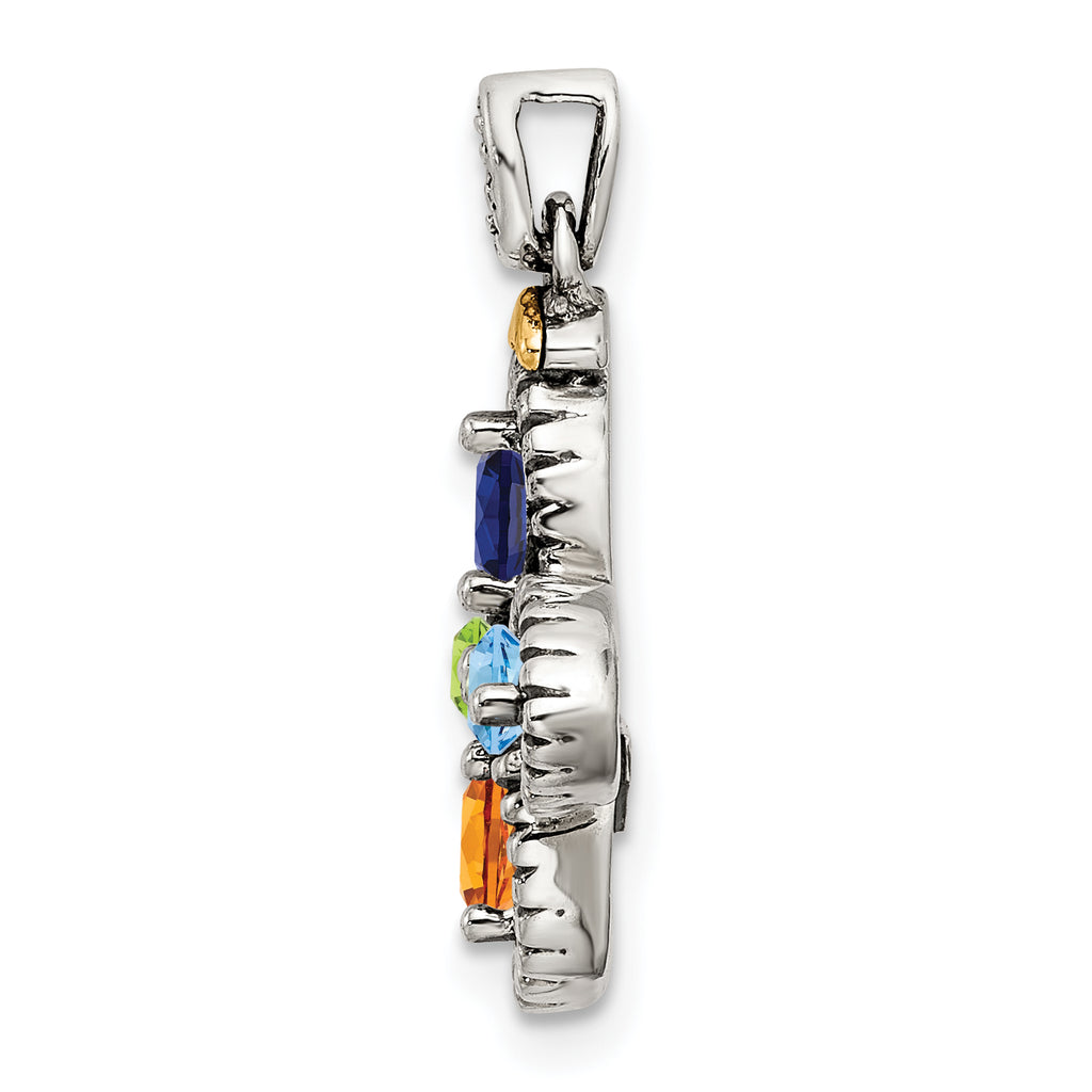 Sterling Silver Antiqued w/14k 4-stone w/Diamond Mother's Pendant