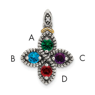 Sterling Silver Antiqued w/14k 4-stone w/Diamond Mother's Pendant