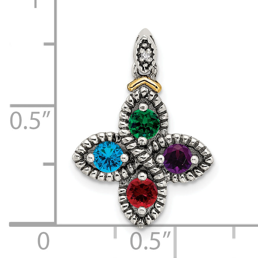 Sterling Silver Antiqued w/14k 4-stone w/Diamond Mother's Pendant