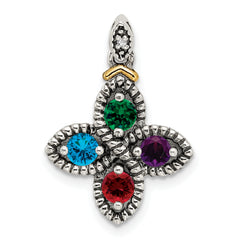 Sterling Silver Antiqued w/14k 4-stone w/Diamond Mother's Pendant
