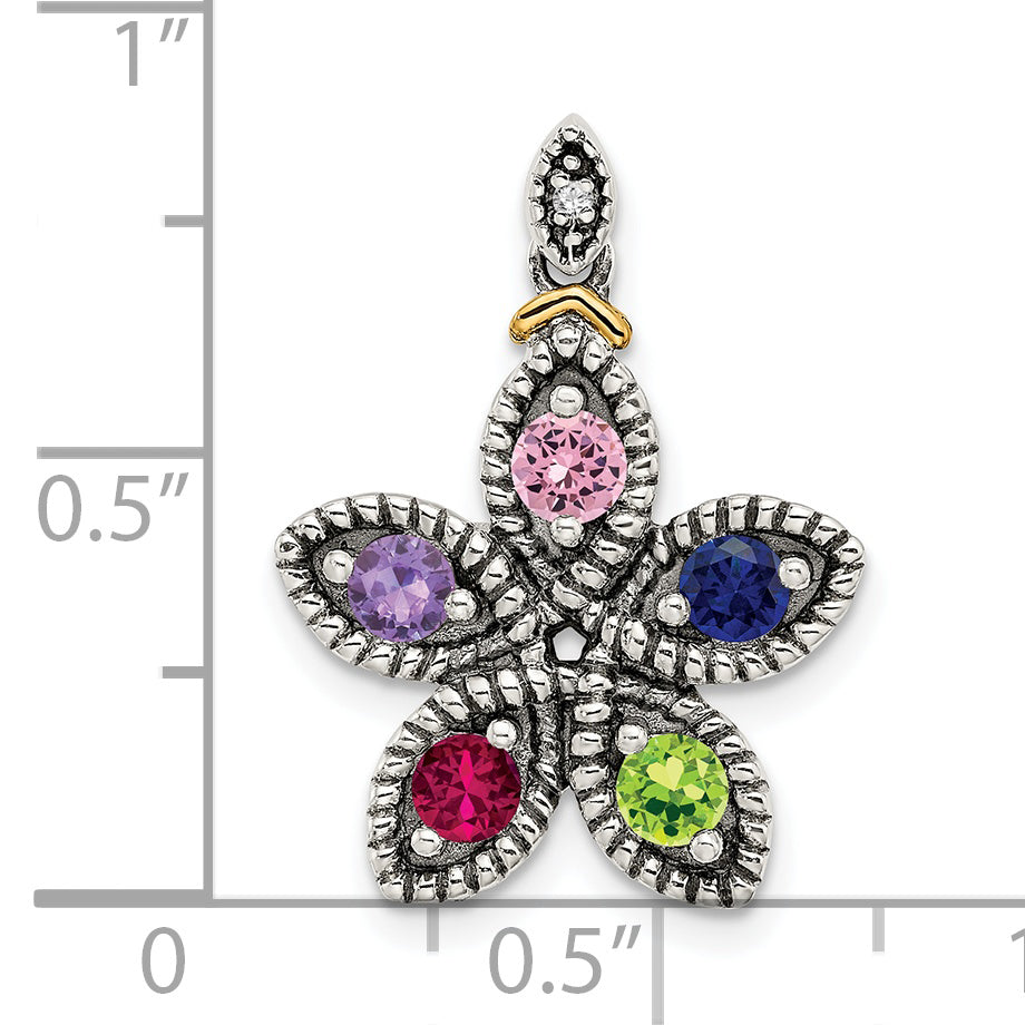 Sterling Silver Antiqued w/14k 5-stone w/Diamond Mother's Pendant