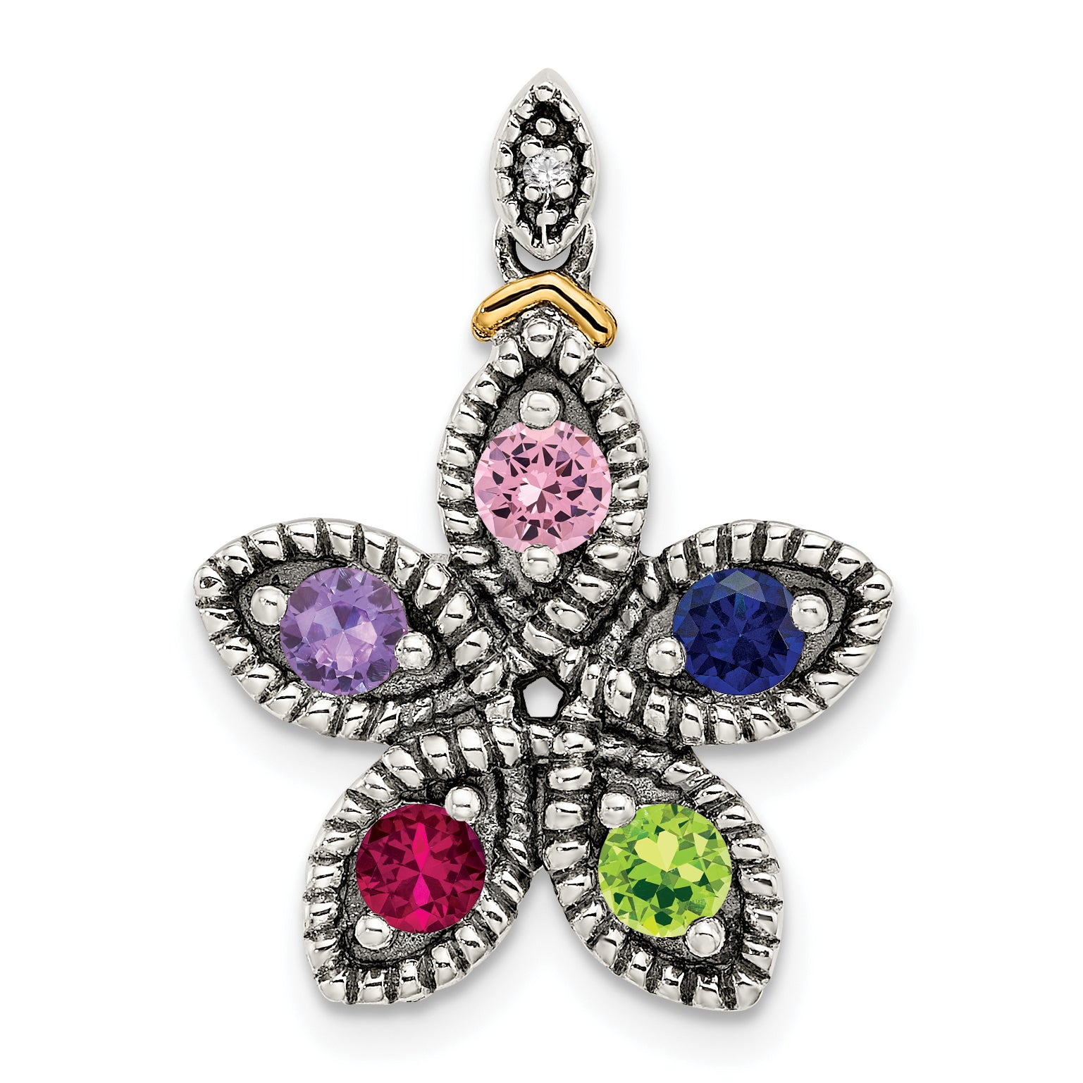 Sterling Silver Antiqued w/14k 5-stone w/Diamond Mother's Pendant