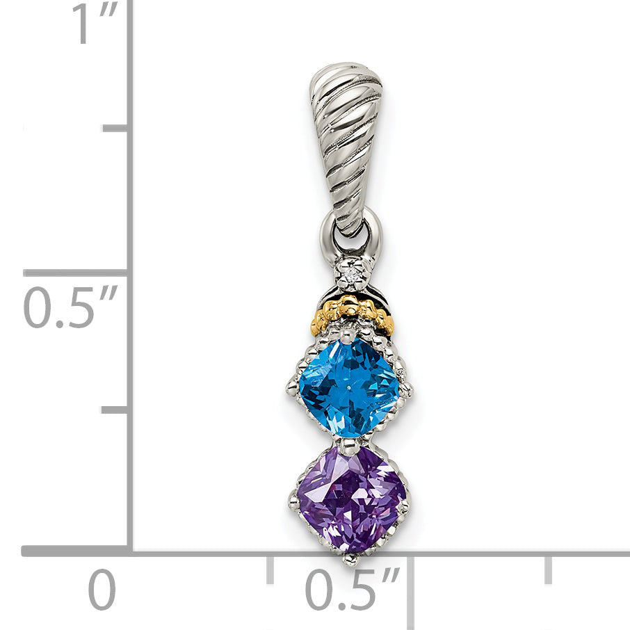 Sterling Silver Antiqued w/14k 2-stone w/Diamond Mother's Pendant